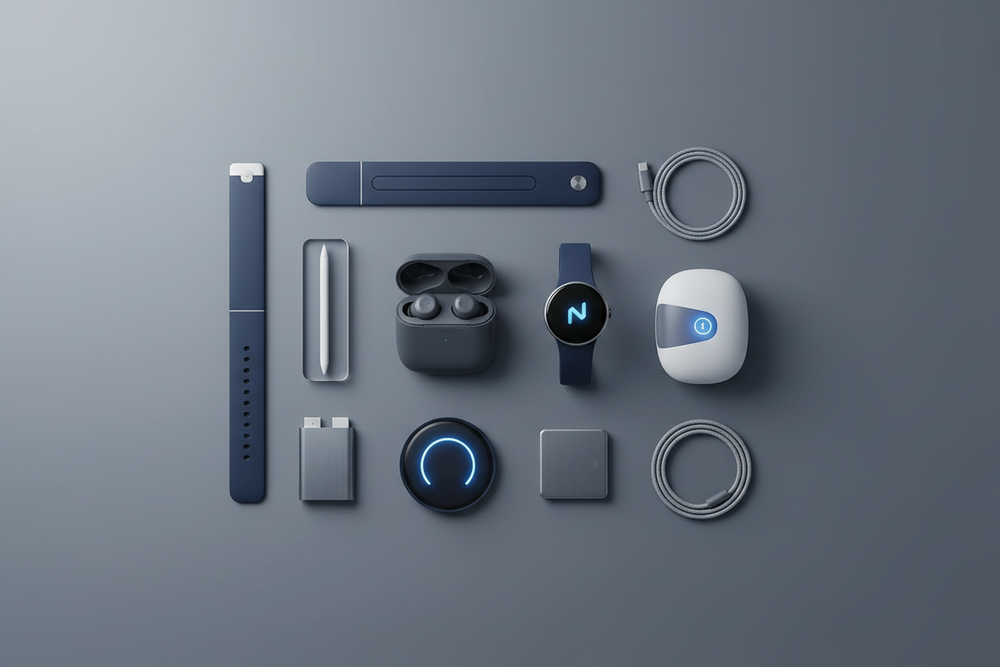 Create a premium, modern footer image for a tech e-commerce brand called Gadget Flow.
The brand focuses on Gadgets | Tech | AI and represents future technology for everyday life.
Visual Style
Clean, futuristic, and minimal
High-end e-commerce aesthetic
Soft studio lighting
No text or logos in the image
Scene & Objects
Flat lay or close-up of modern tech gadgets
Examples: smart devices, AI gadgets, headphones, smartwatches, tech accessories
Well-organized, not cluttered
Colors & Mood
Muted modern colors (dee